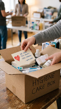 Cardboard hygiene care box with personal care items for donation