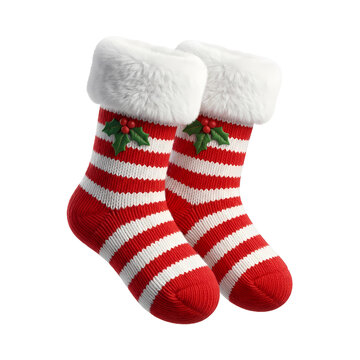 Holiday socks with festive holly and fluffy cuffs, red and white striped knit