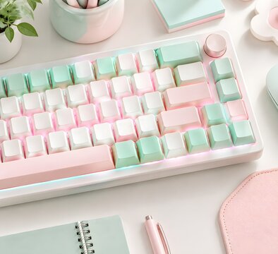 Tight view of pastel mechanical keycaps in mint and blush with a soft underglow on a light desk in a playful studio office