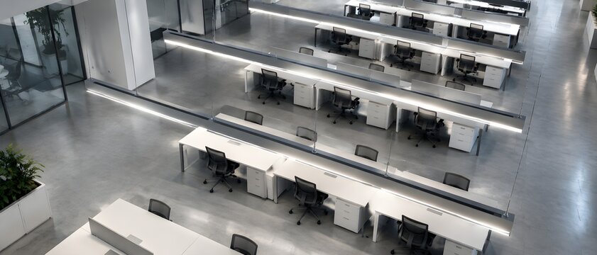 Row of suspended linear ceiling lights above evenly spaced empty desks in a large modern open plan office