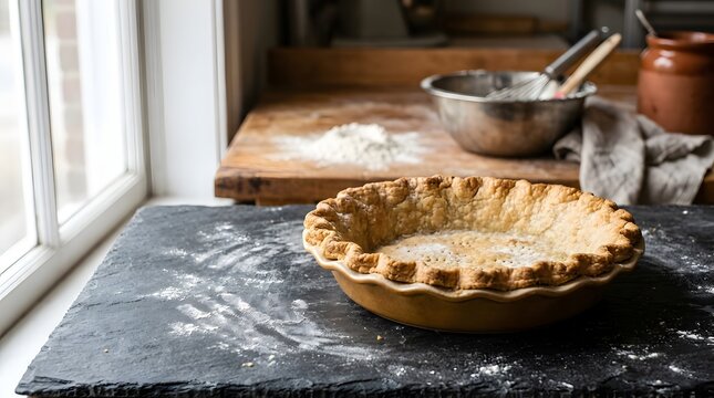 Unbaked empty pie crust in ceramic dish on dark slate kitchen counter