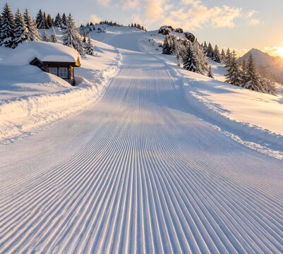 Fresh groomed corduroy sweeping down a wide ski piste past a snow buried patrol hut
