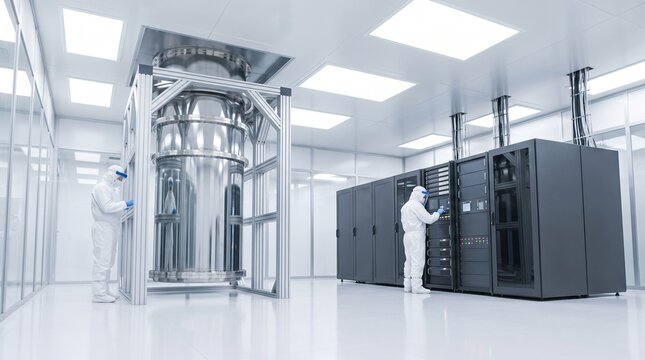 Technicians working in cleanroom facility with quantum computing cryostat cylinder and server cabinet