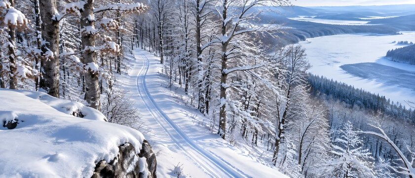 Cross country ski trail across a hardwood ridge above a frozen valley with twin set tracks