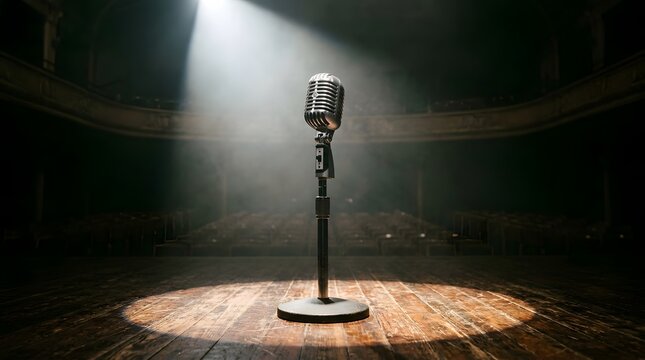 Vintage metallic microphone on empty wooden stage under bright spotlight