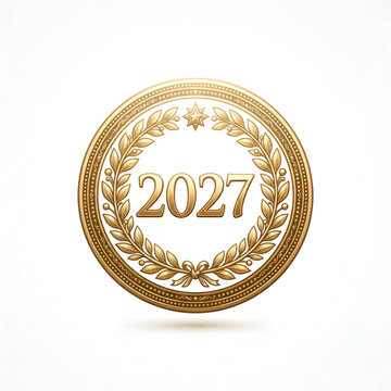 A golden laurel wreath encircles the year 2027 presented as a decorative metallic emblem foliage ornament