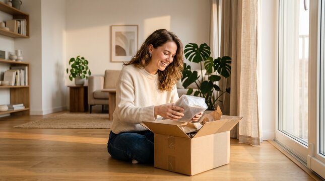 Happy woman opening a package at home, receiving a delivery, enjoying online shopping experience