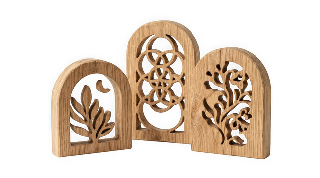 Set of three decorative wooden arches with intricate cutouts of nature and geometric patterns isolated on transparent background