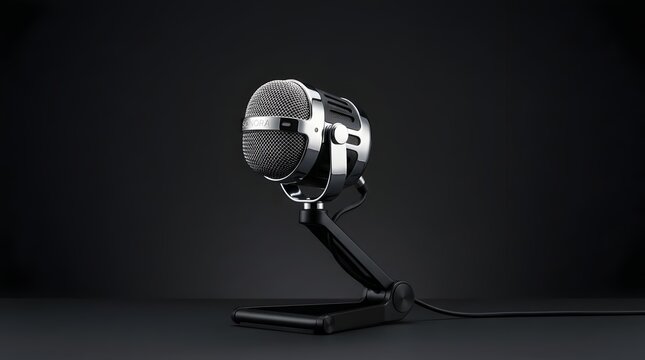 Vintage style silver microphone on adjustable black stand in studio