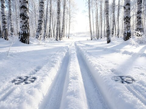 Classic cross country ski tracks through a birch grove with parallel grooves and pole basket rings beside them