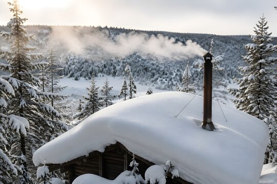 Metal stovepipe chimney venting smoke through deep snow above a drift capped cabin roof