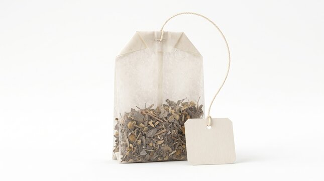 Natural herbal tea bag with a blank label isolated on white background