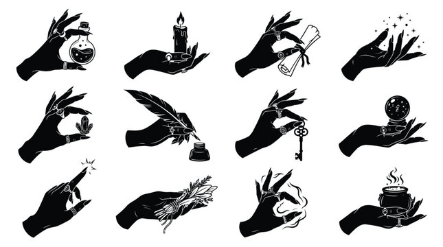 Witchy hands set holding mystical magical items like potion bottles crystals and candles in black ink