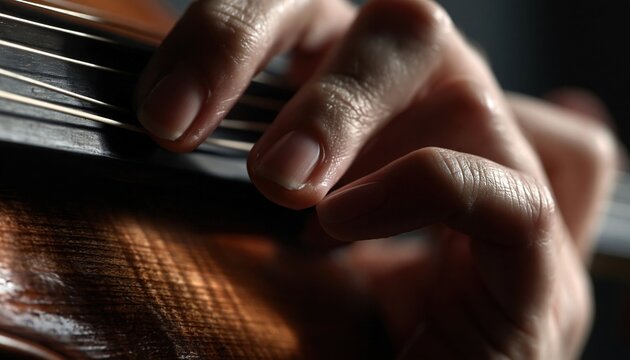 Musician fingers press violin strings in close-up. A polished wooden instrument fills the frame beneath a carefully positioned hand. Classical performance and instrumental artistry concept.