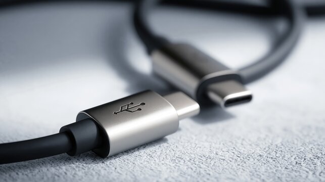USB-C charging cable rests on a textured surface. A metallic connector fills the foreground while a second plug curves softly behind it. Modern device connectivity and data transfer concept.