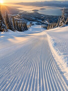 Freshly groomed ski slope corduroy glowing at first light with parallel ribs curving downhill