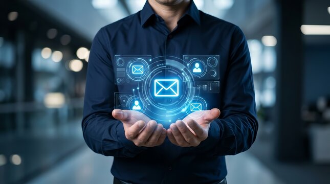 A professional managing email marketing campaigns through glowing digital mail icons.