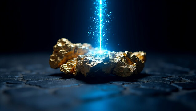 3D render of a raw gold nugget being struck by a glowing blue laser beam on a dark background representing futuristic digital cryptocurrency mining and wealth extraction
