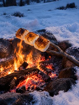 Three marshmallows skewered on a forked stick over a fire ring with blistered caramel crusts