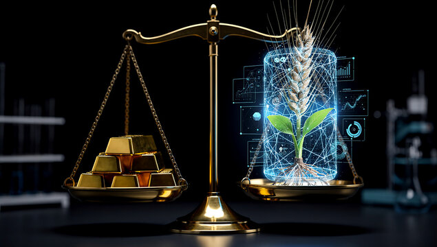3D render of a golden balance scale weighing gold bars against a glowing blue digital plant representing sustainable ESG investment and artificial intelligence business growth
