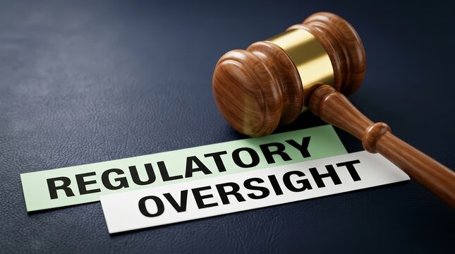 A professional wooden gavel lies on strips of paper with regulatory oversight text.