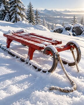 Painted wooden sled resting on a fresh snowdrift with cherry red slats and worn steel runners
