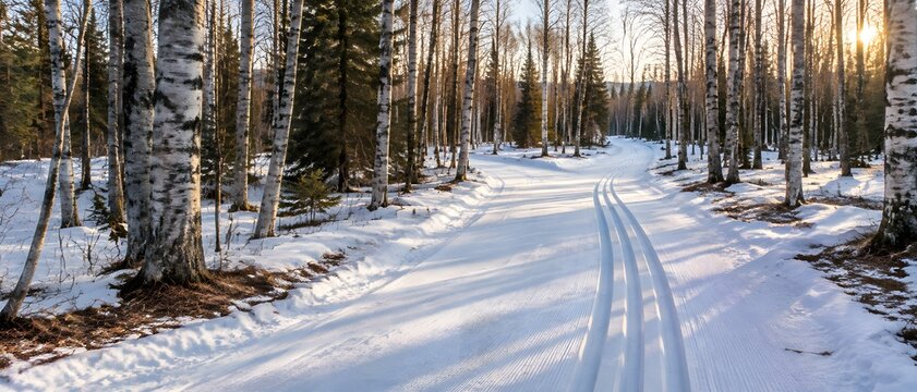 Cross country ski trail pressed into a groomed corridor between pale birch trunks