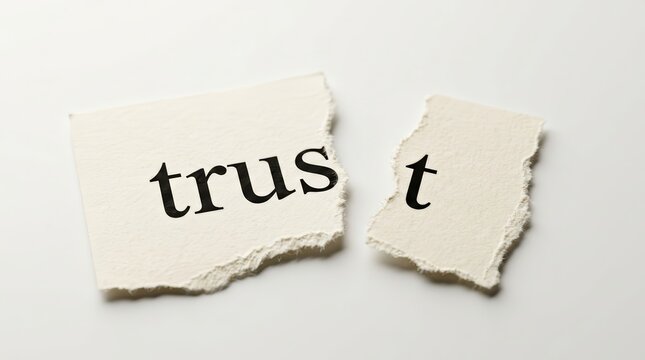 Broken trust concept shown by the word trust printed on a torn piece of paper.