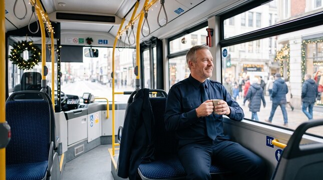 Smiling bus driver in uniform holding a coffee cup looking out the window at a festive city street