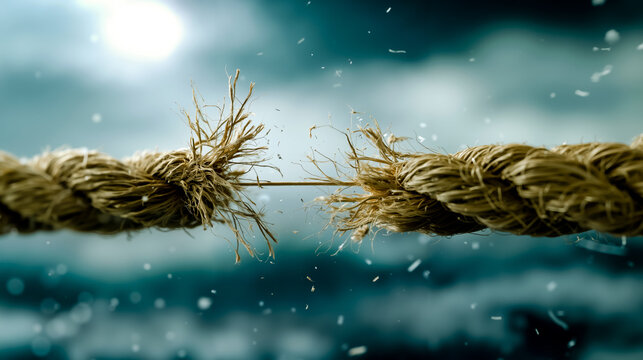 A close-up of two ropes tied together with a blurred background of a cloudy sky