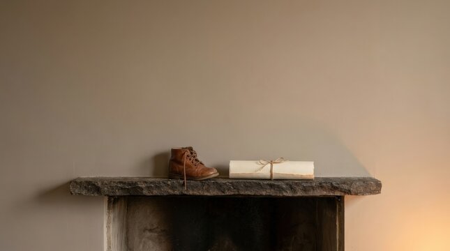 Brown leather child shoe and tied paper parcel displayed on rustic stone fireplace mantel in warm minimalist interior still life