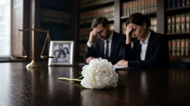 A single white flower rests on a wooden desk near a family photo and scales of justice representing wrongful death.