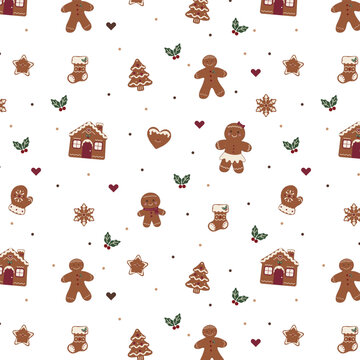 Gingerbread Christmas Seamless Pattern &mdash; Hand Drawn Holiday Cookies