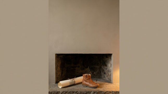 Empty child shoe beside rolled paper in rustic fireplace, warm brown tones and textured hearth in a quiet interior still life