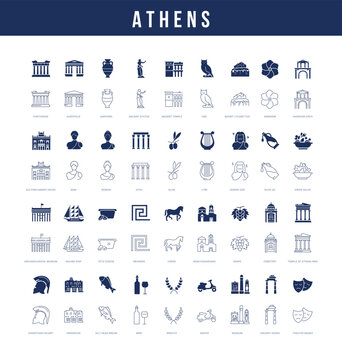 Mixed line and filled vector icon set for Athens, Greece and Greek culture for mobile apps and web interfaces. Editable strokes.