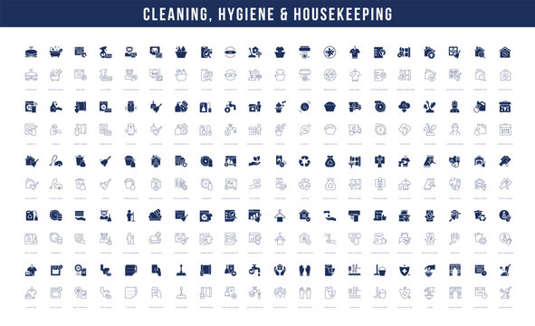 Mixed line and filled vector icon set for cleaning, hygiene and housekeeping, cleaning services and sanitation for mobile apps and web interfaces. Editable strokes.