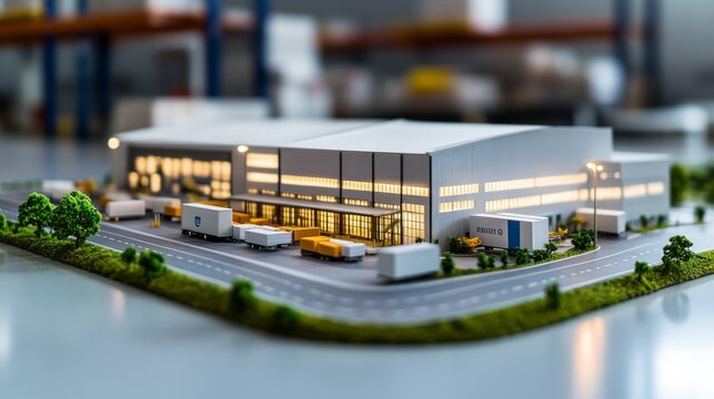 Detailed Scale Model View of Industrial warehouse scale building models with logistics roa