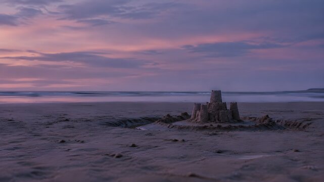 Abandoned sandcastle at dusk on a wide flat beach with dry towers shedding grains into a half silted moat
