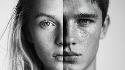 Fototapeta premium Man Woman Portrait Black White Face Split Comparison Gender Identity Young People Monochrome Serious