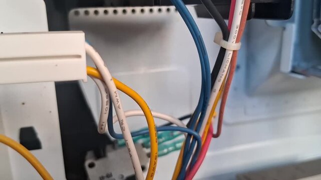 Multi colored electrical wires inside electronic machinery shown