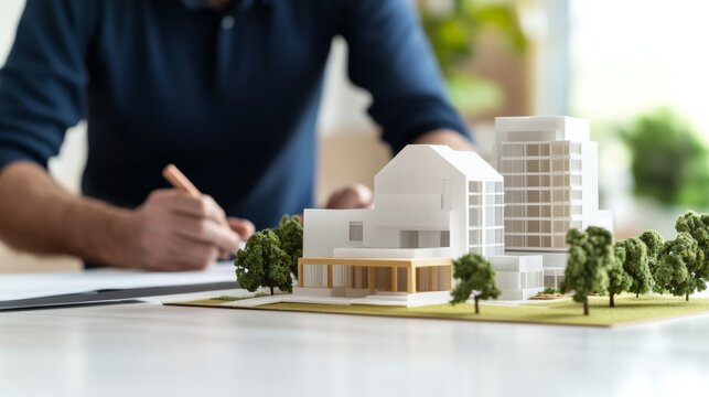 Professional Architecture Concept Showing Architects reviewing scale building models with material samp