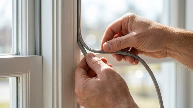 Close up of hands applying weather stripping to a window frame for home insulation and energy efficiency.
