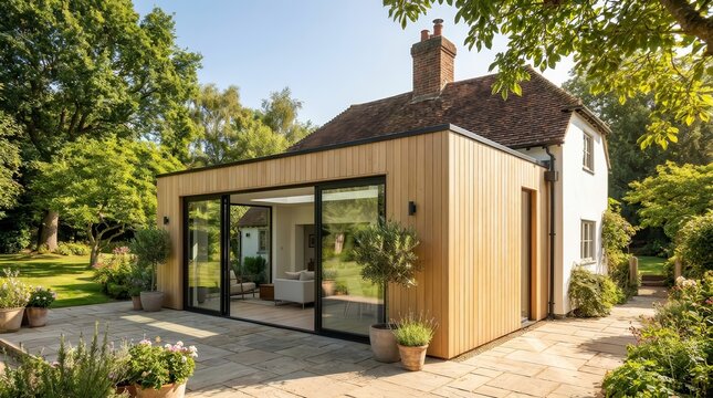 A contemporary timber frame extension design connecting a traditional home to the garden
