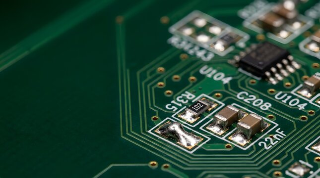 Macro view of green electronic circuit board with hardware components