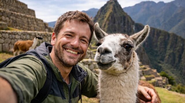 Smiling male traveler taking a selfie video with a llama in the Andes mountains