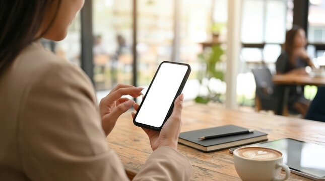 A professional woman holding a smartphone with a white blank screen in a cafe setting.