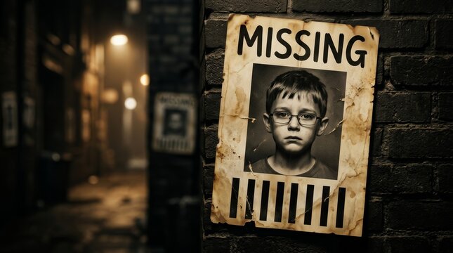 Vintage missing person flyer featuring a young boy and emotional headline.