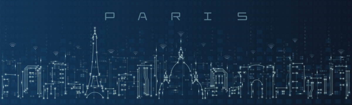 Paris Smart City Skyline Vector in Circuit Board Style Futuristic Technology Background