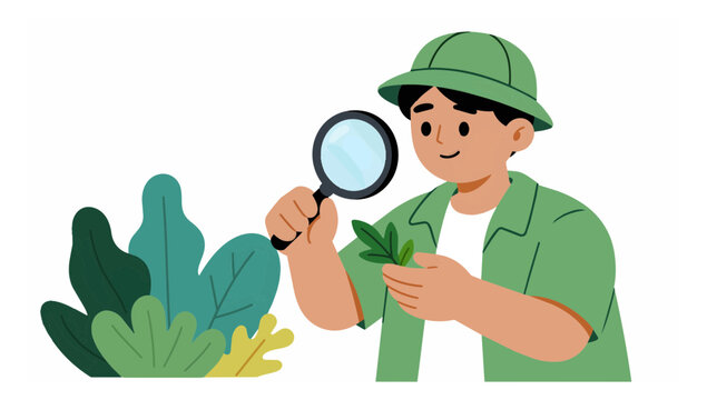Ecologist holding magnifying glass examining leaf