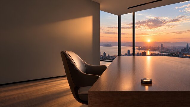 Minimalist luxury office with a glowing smart control on a wooden desk, sunset skyline, warm light, and elegant design